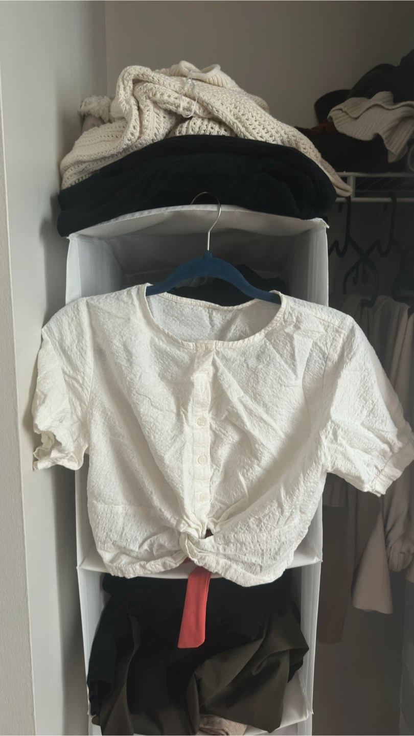 White Textured Button-Up Crop Top