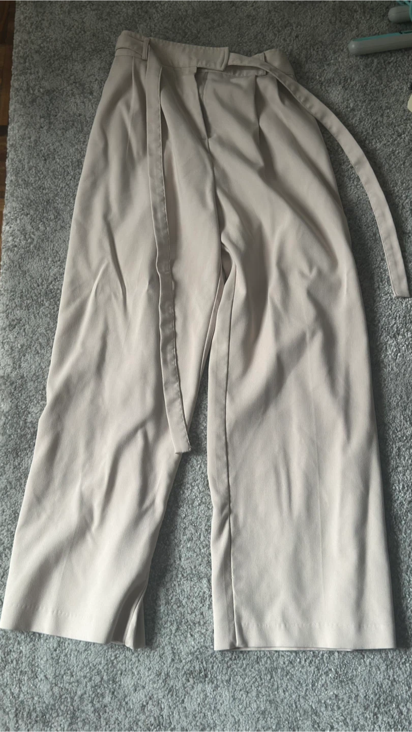 Beige Wide Leg Belted Pants