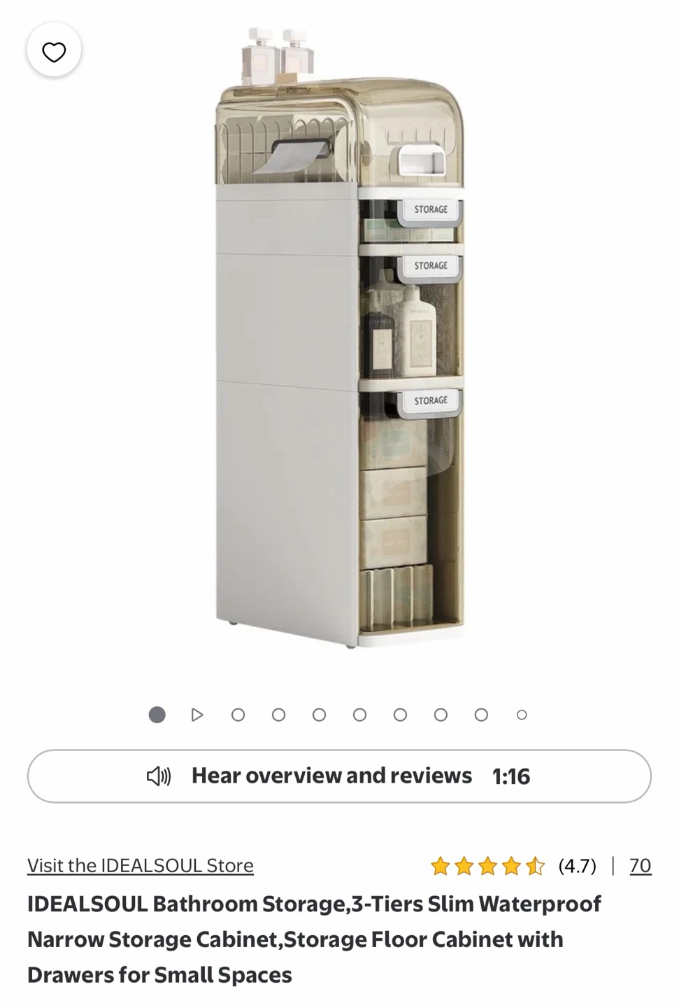 IDEALSoul 3-Tier Slim Bathroom Storage Drawer