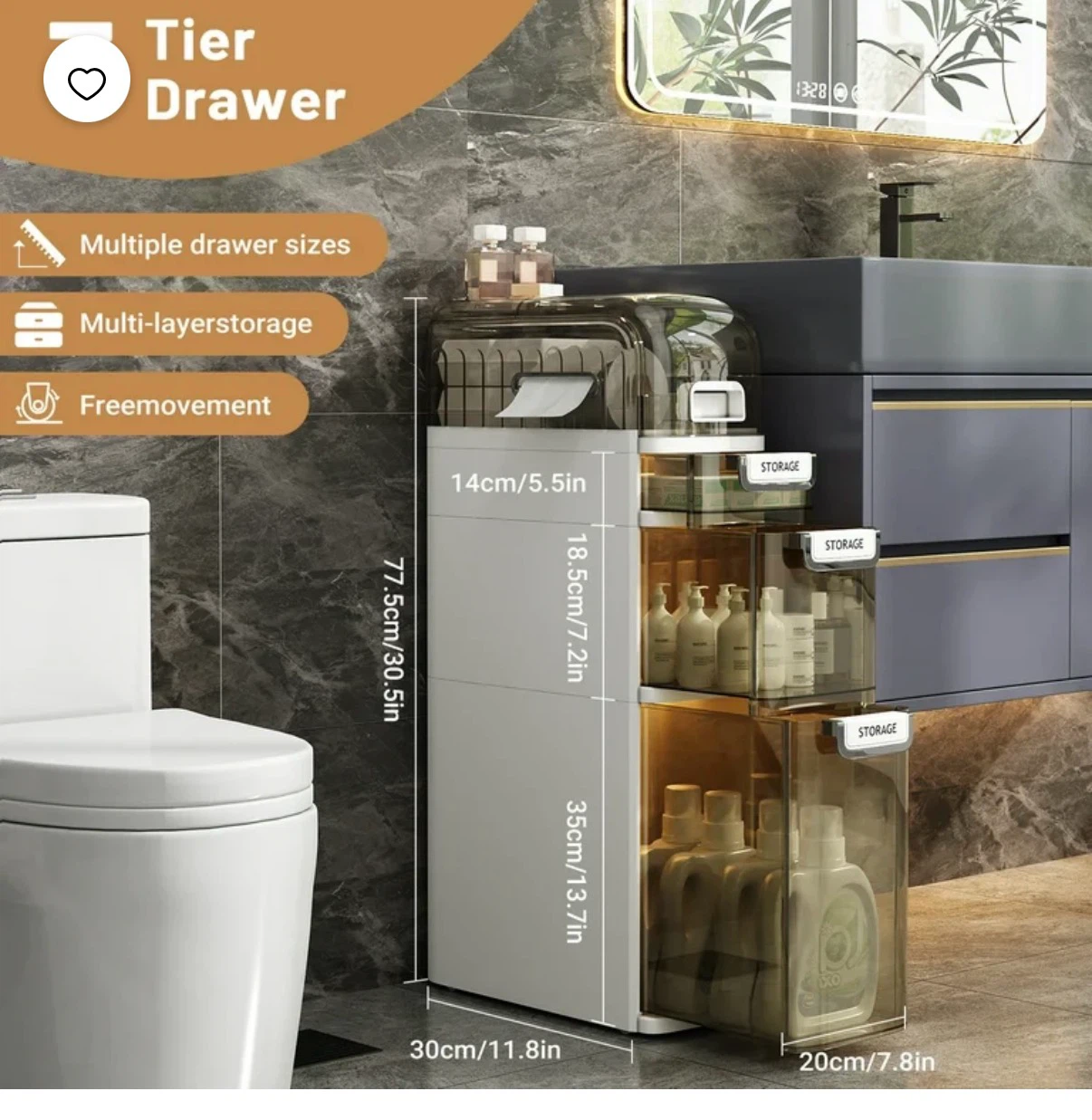 IDEALSoul 3-Tier Slim Bathroom Storage Drawer - photo 2