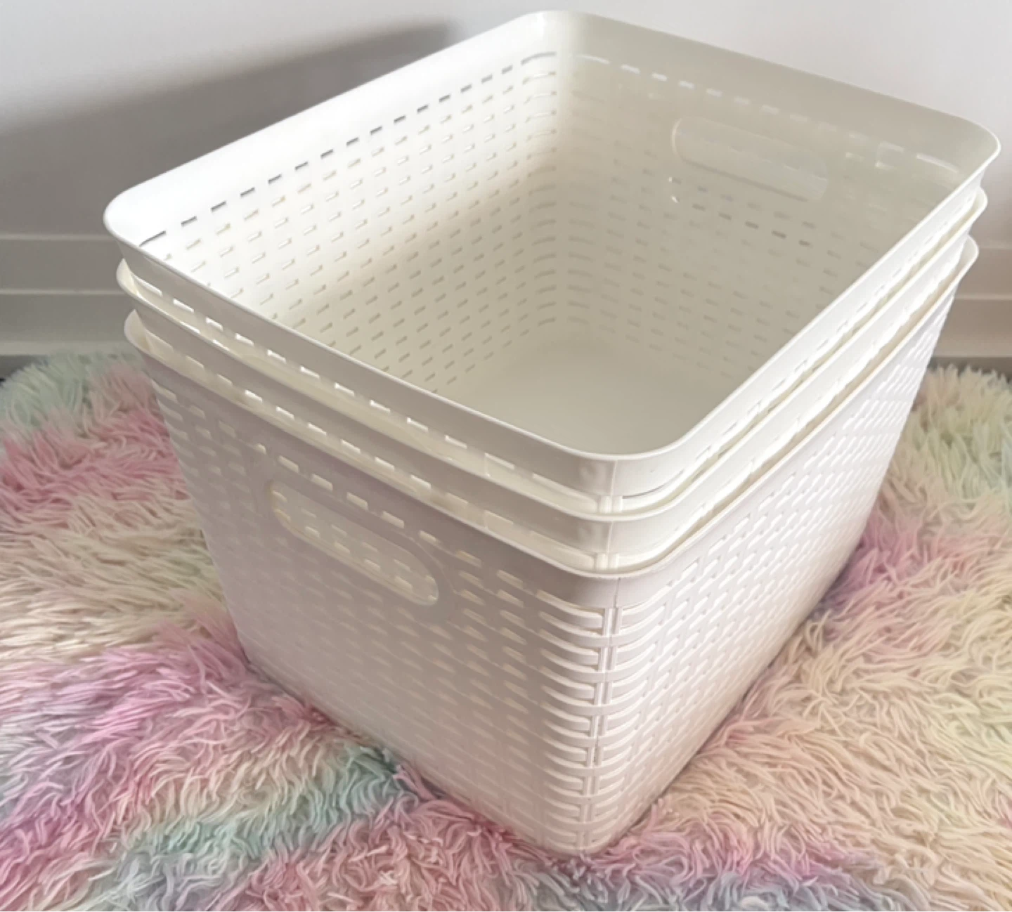 3 Stackable White Plastic Storage Baskets