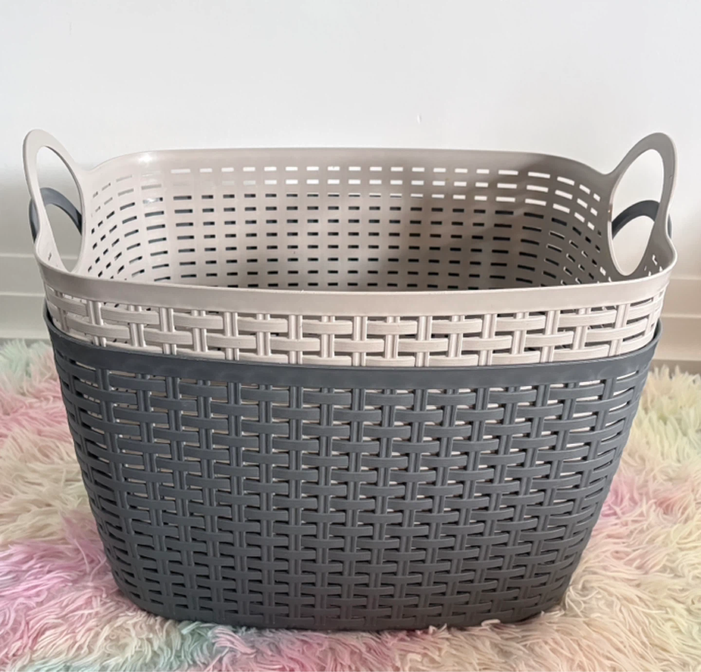 Set of 2 Grey and Beige Woven Plastic Baskets