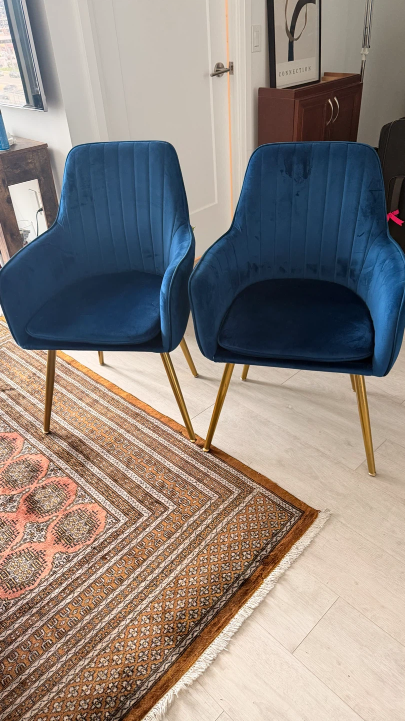 Set of 2 Blue Velvet Armchairs with Gold Legs
