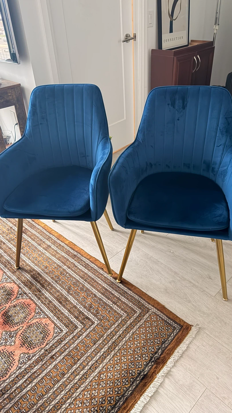 Set of 2 Blue Velvet Armchairs with Gold Legs - photo 2