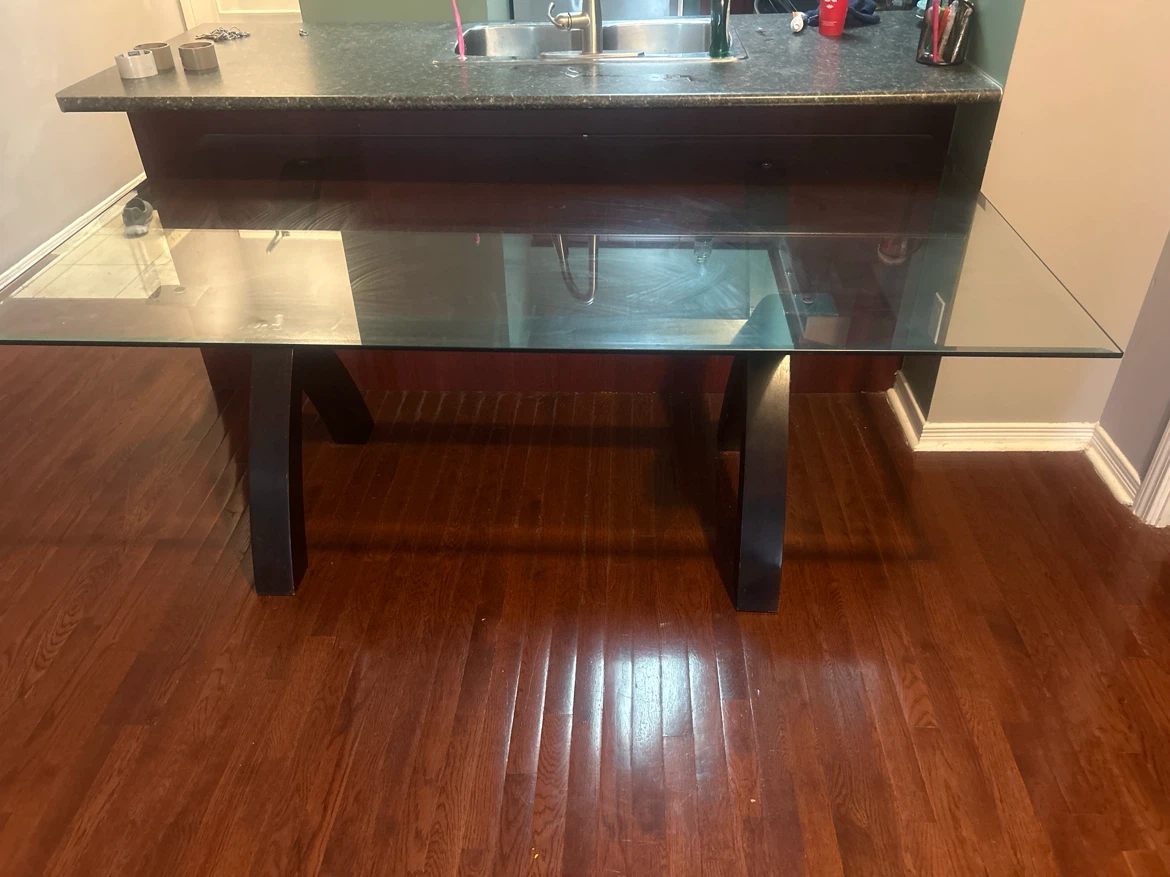 Glass Dining Table with Dark Wood Base