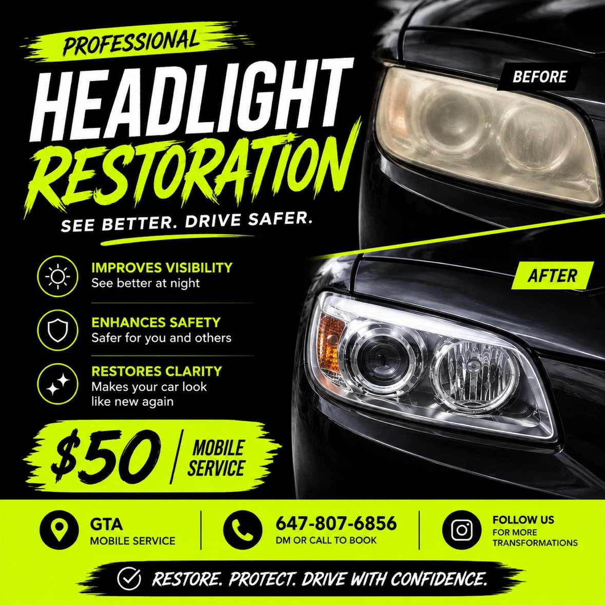 Headlight Restoration Service - $50 Mobile
