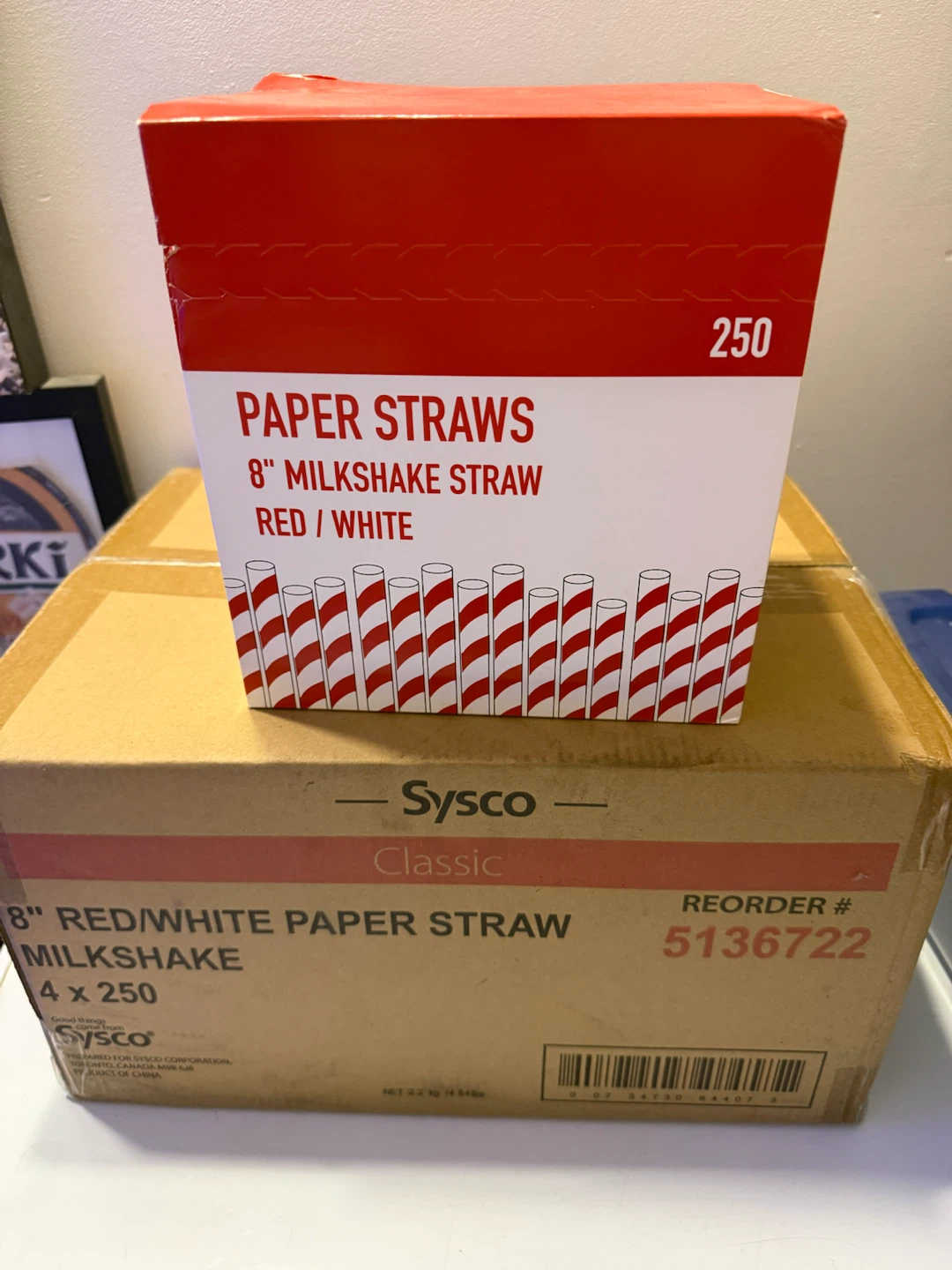 8" Red/White Paper Milkshake Straws - 5x250pcs