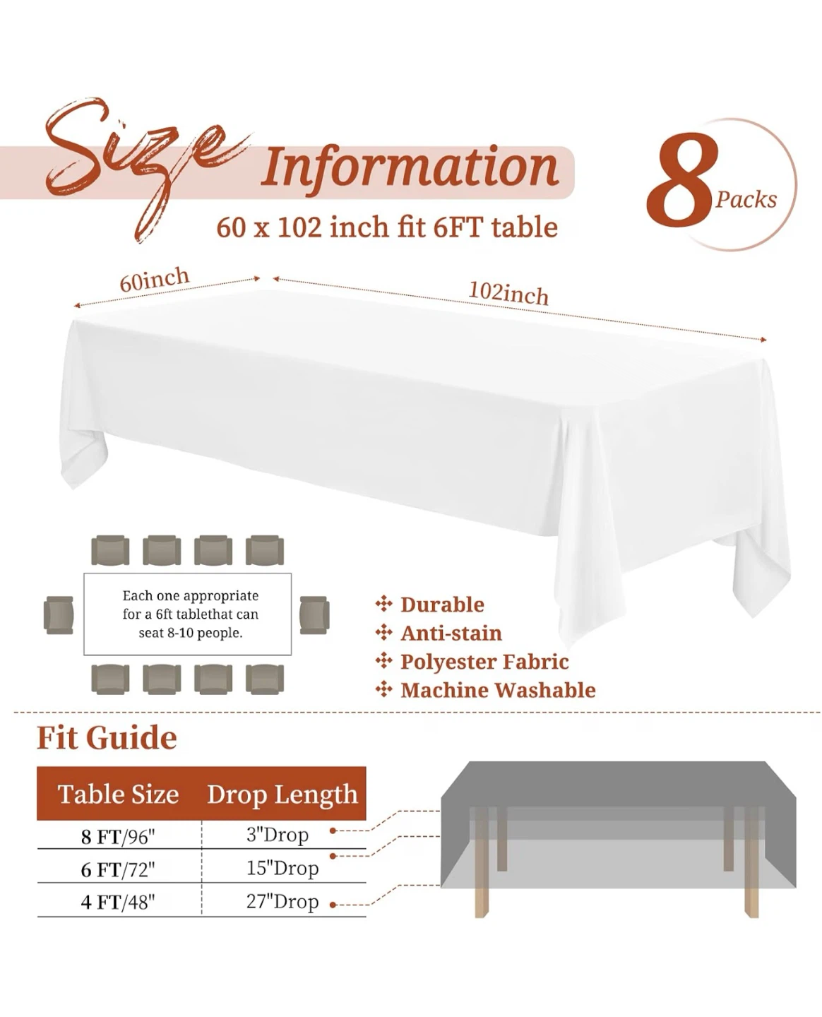 New 8 White Polyester Tablecloths - 60 x 102 inch - photo 2