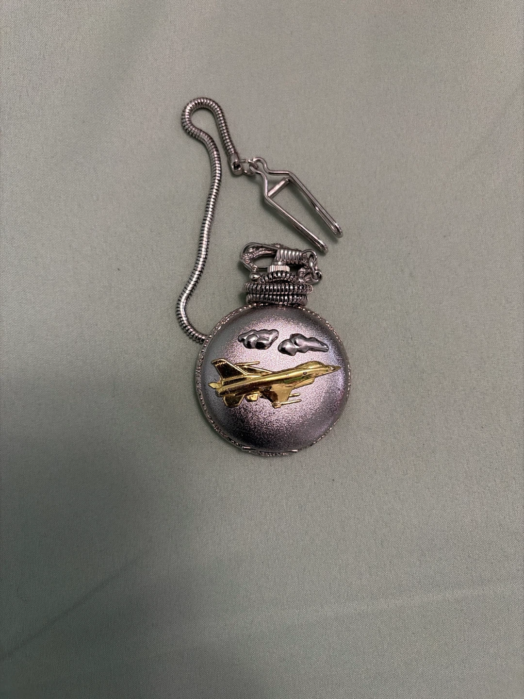 Silver Pocket Watch with Jet Airplane Design