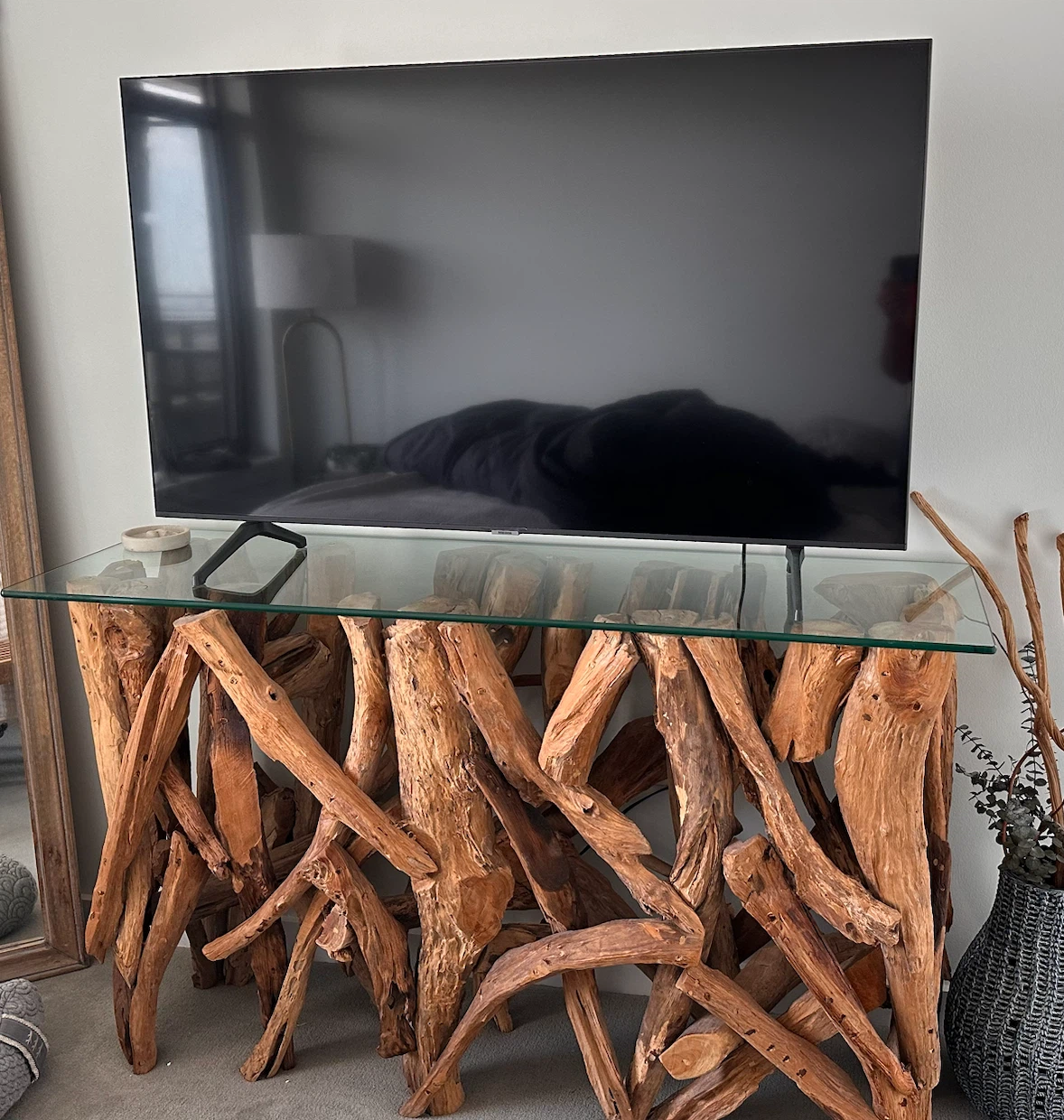Glass Top Console Table with Natural Driftwood Base