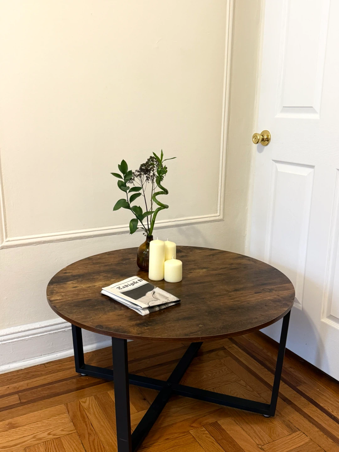 Round Wood Coffee Table with Black Metal Legs