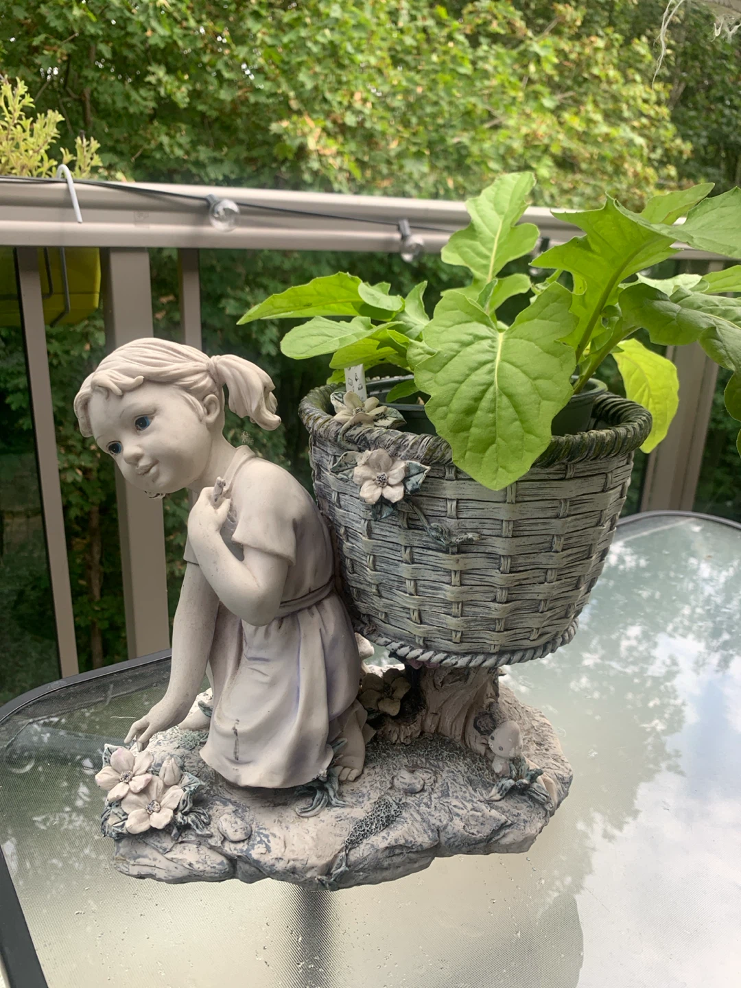 Vintage Girl with Basket Planter Statue