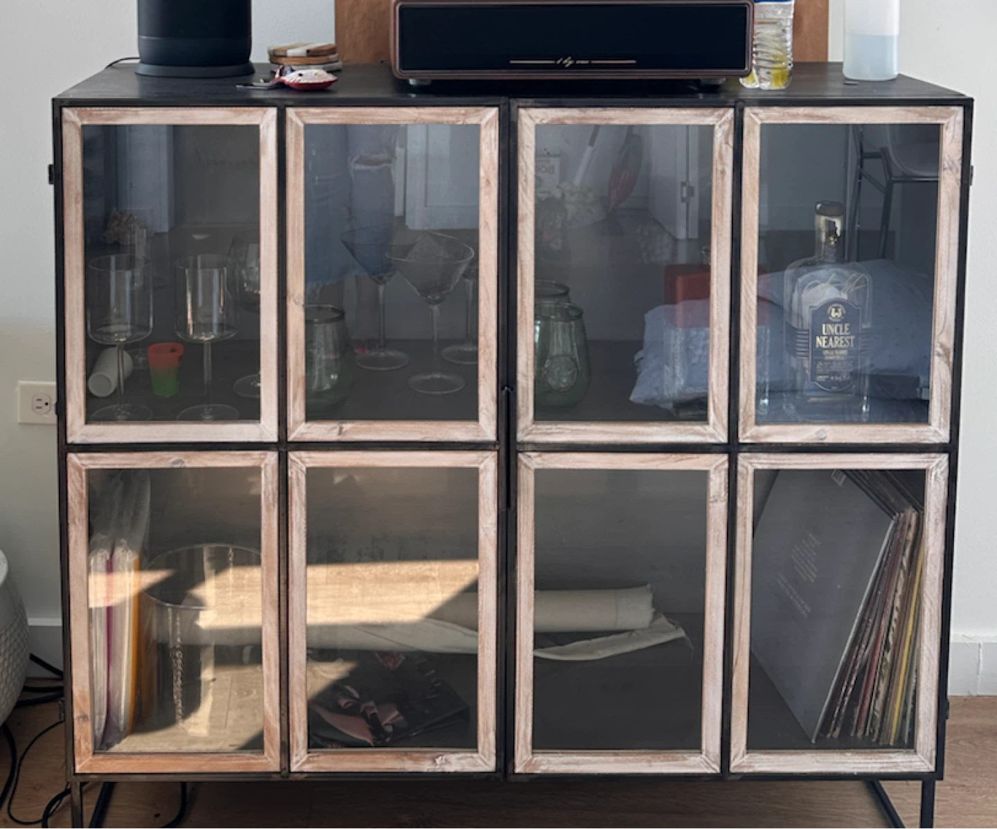 Farmhouse Style Glass Door Cabinet with Metal Legs