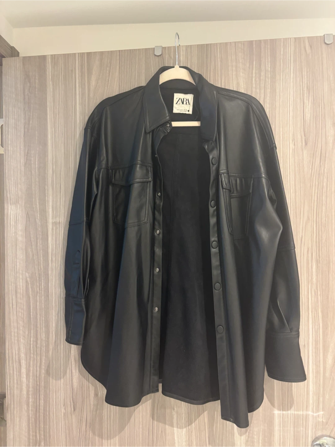ZARA Black Faux Leather Shirt Jacket