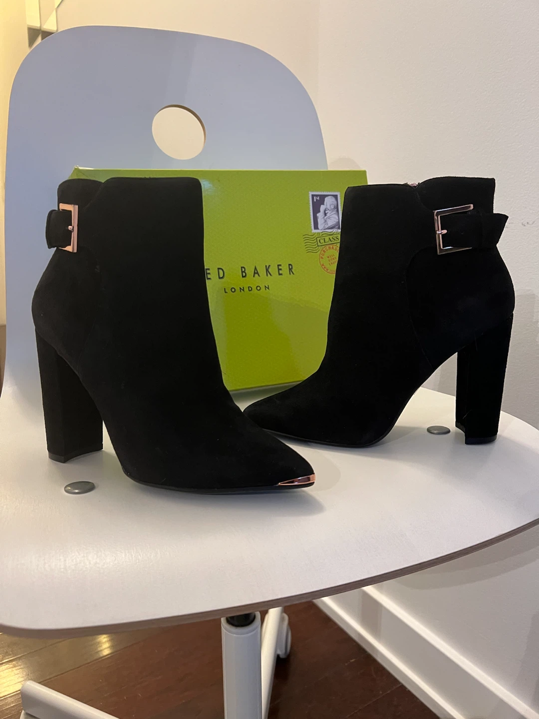 Ted Baker Black Suede Ankle Boots with Rose Gold Detail