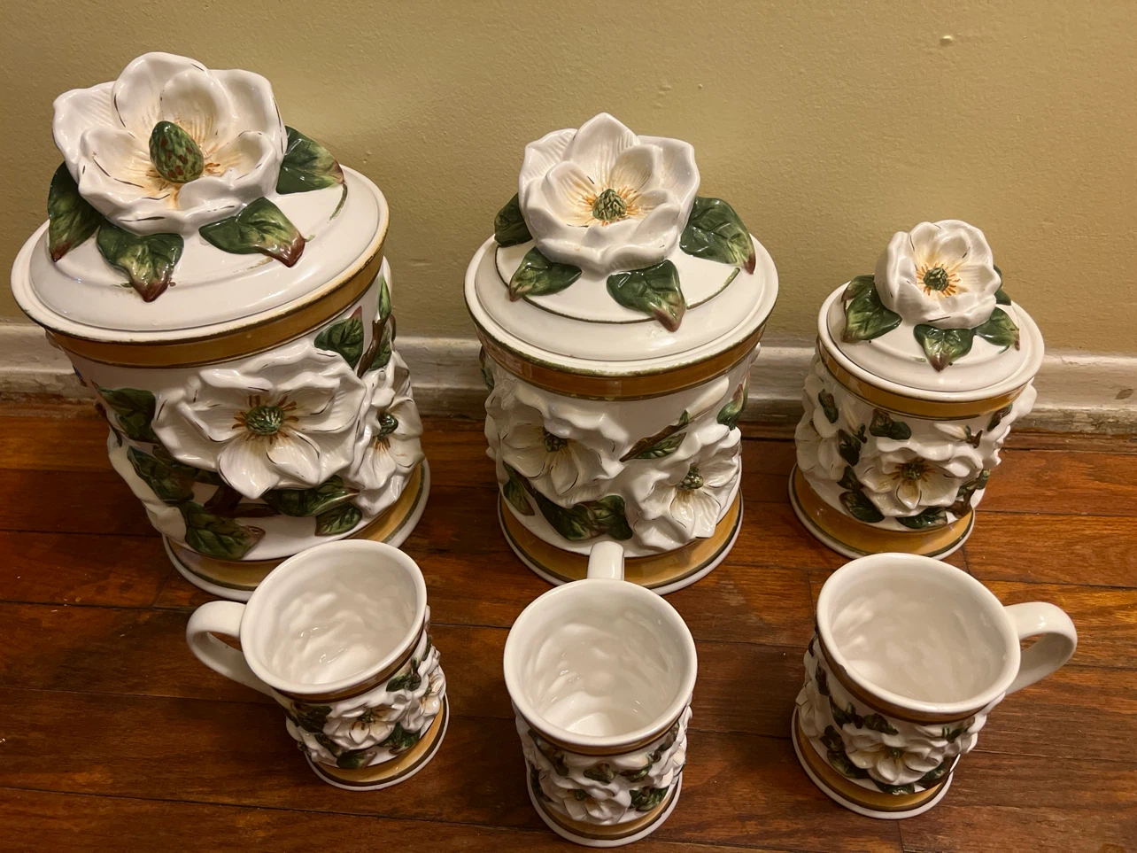 Ceramic Magnolia Canister Set with Mugs