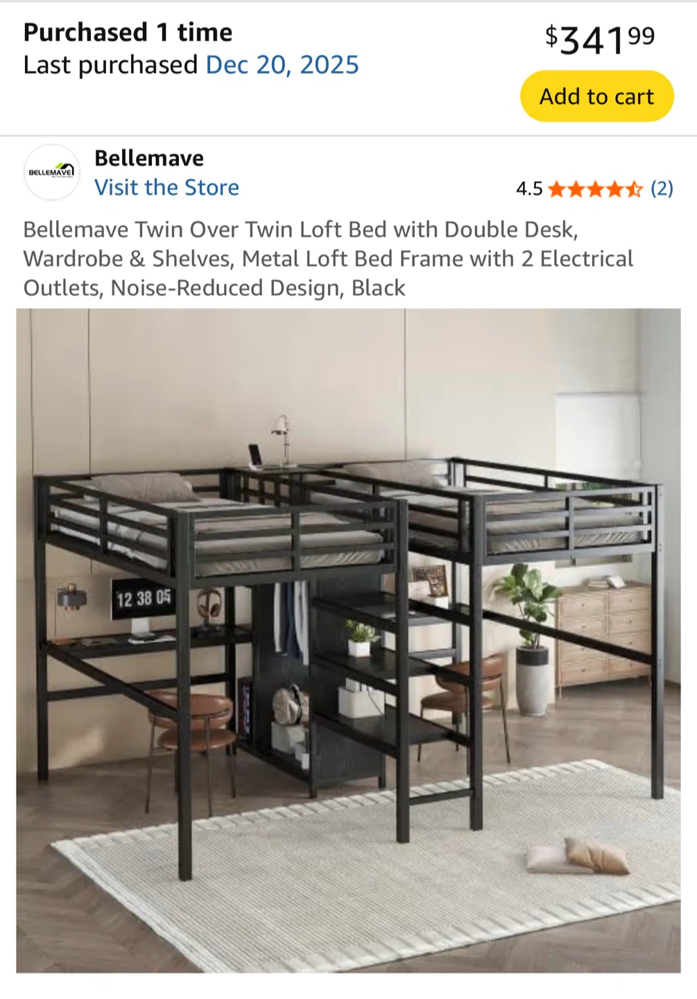 Bellemave Twin Over Twin Loft Bed with Desk and Wardrobe - Black