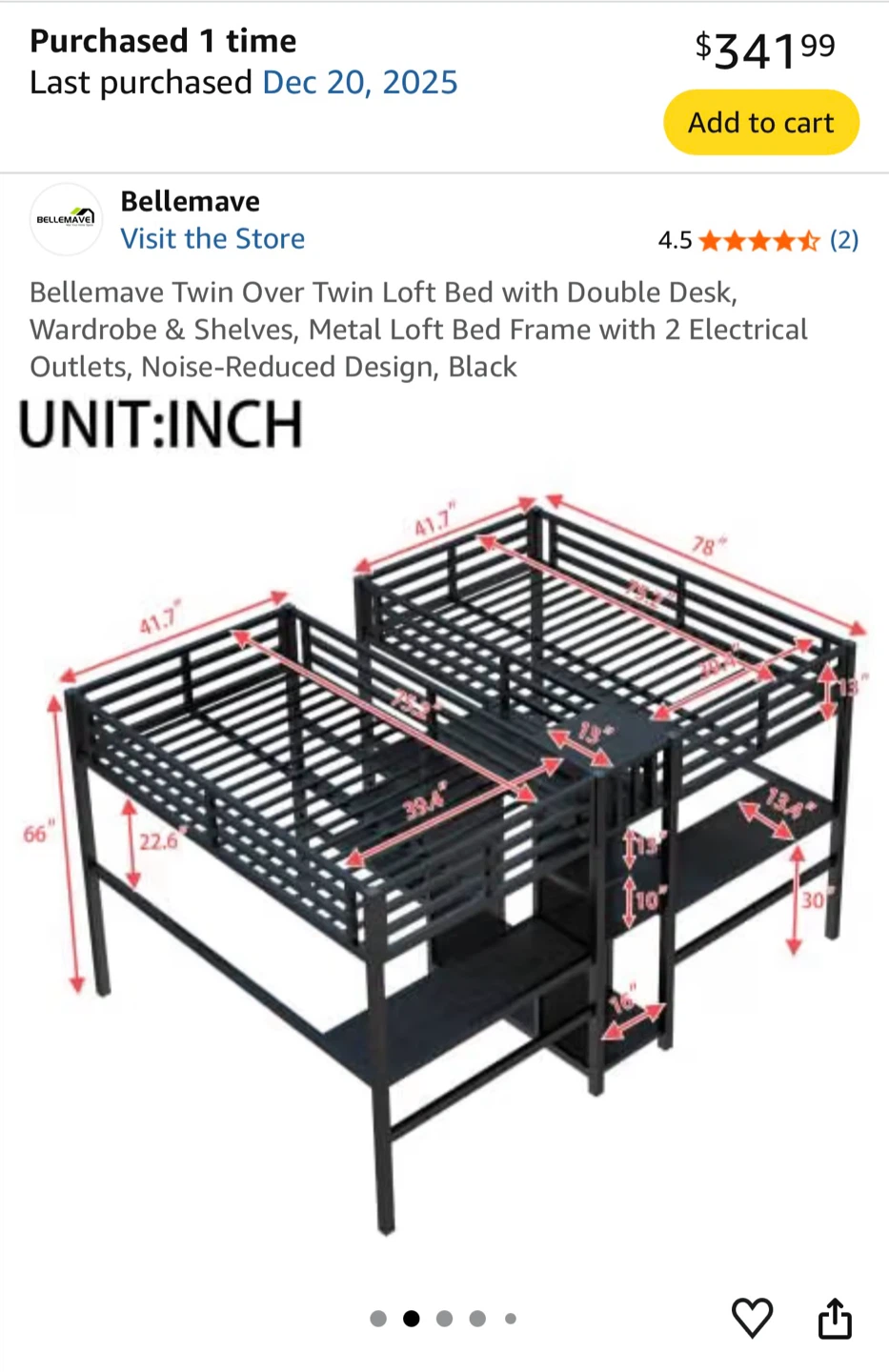 Bellemave Twin Over Twin Loft Bed with Desk and Wardrobe - Black - photo 2