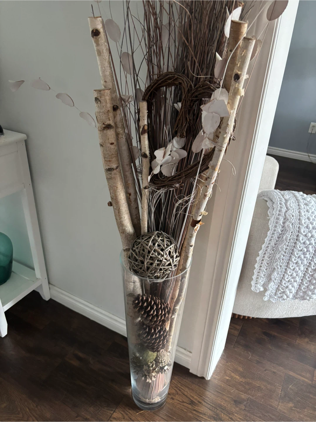 Tall Glass Vase with Natural Dried Stems and Pinecones