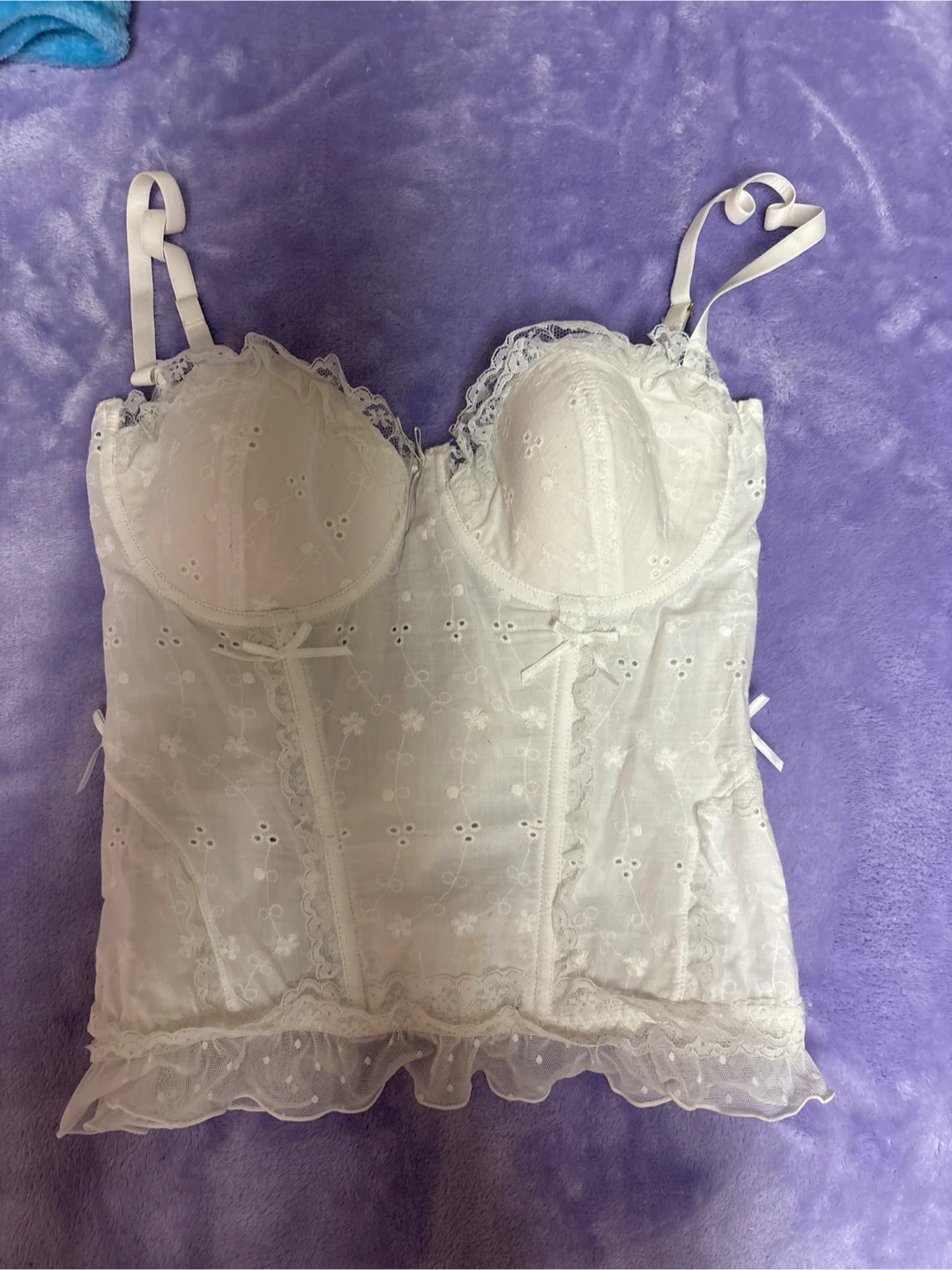 White Eyelet Corset Top with Ruffle Hem