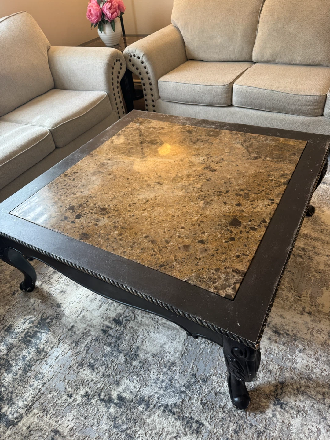 Square Coffee Table with Marble Inlay + 2 end tables