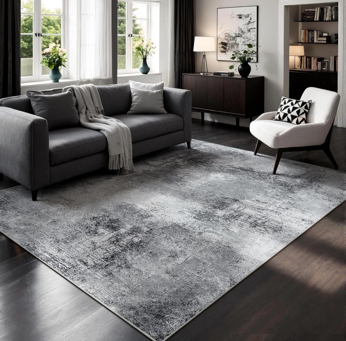 Abstract Grey Area Rug - Low Pile, Stain Resistant