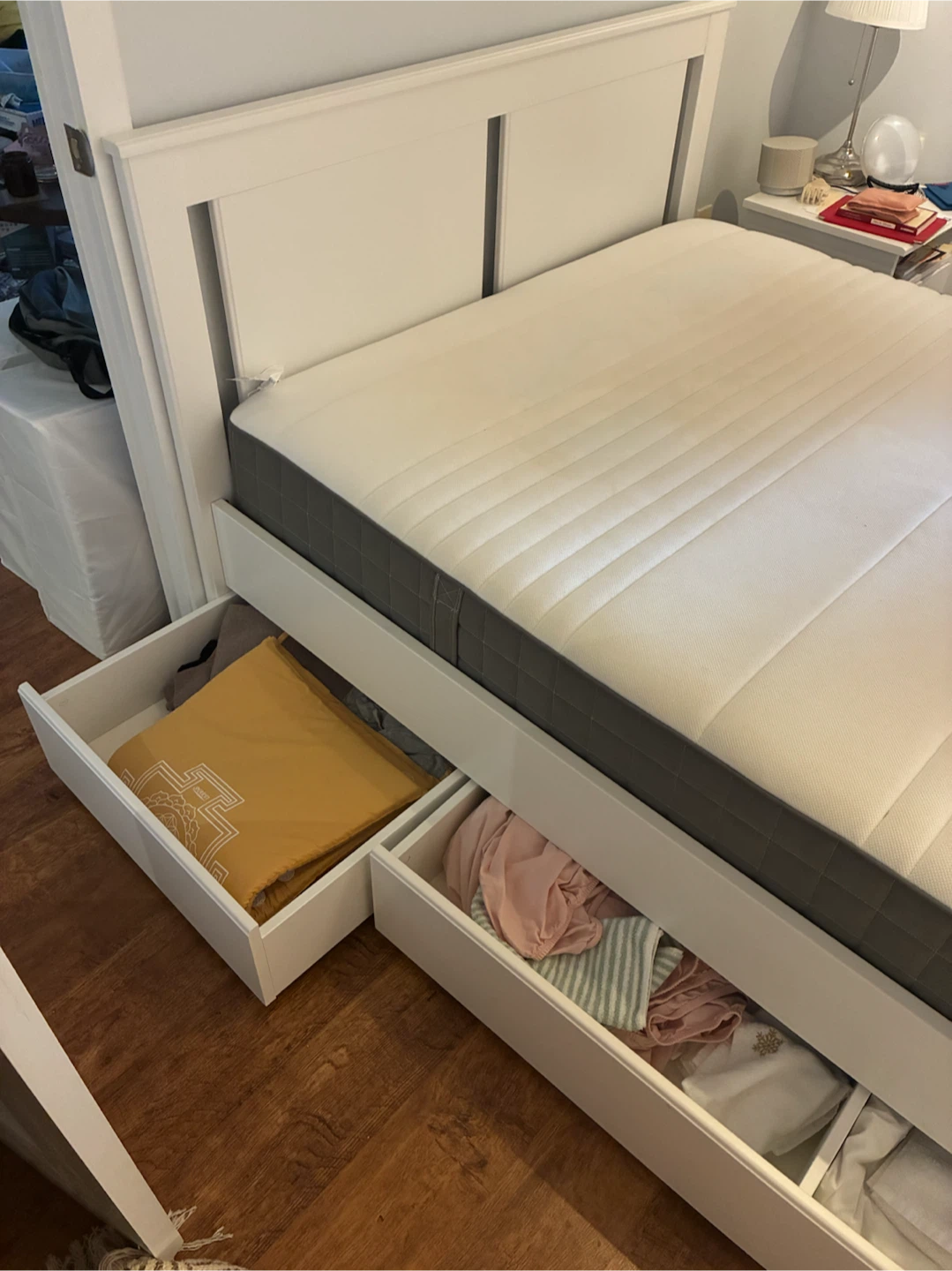 Double white IKEA bed frame with 4 storage drawers - photo 3