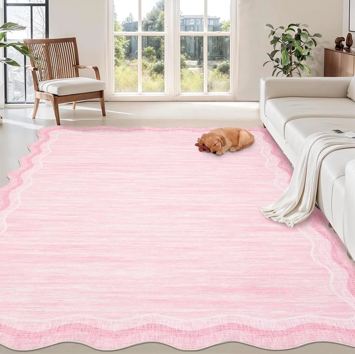 Pink Faux Wool Area Rug 9x6 ft