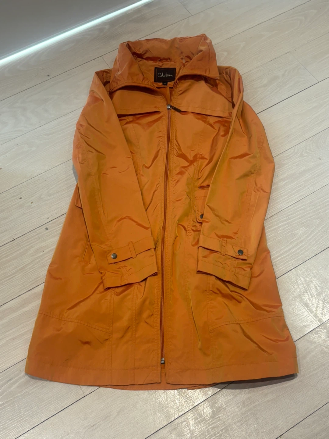 NWT Cole Haan Women’s Orange Rain Coat with Packable Hood M