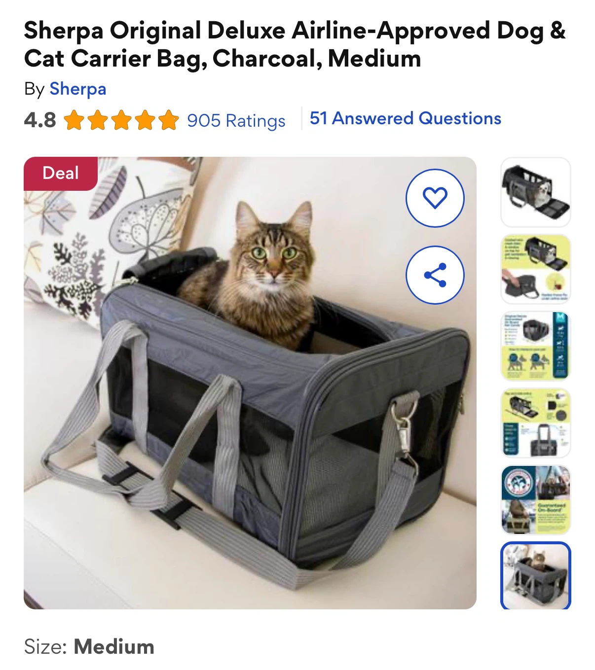 Sherpa Original Deluxe Pet Carrier Bag - Charcoal, Medium