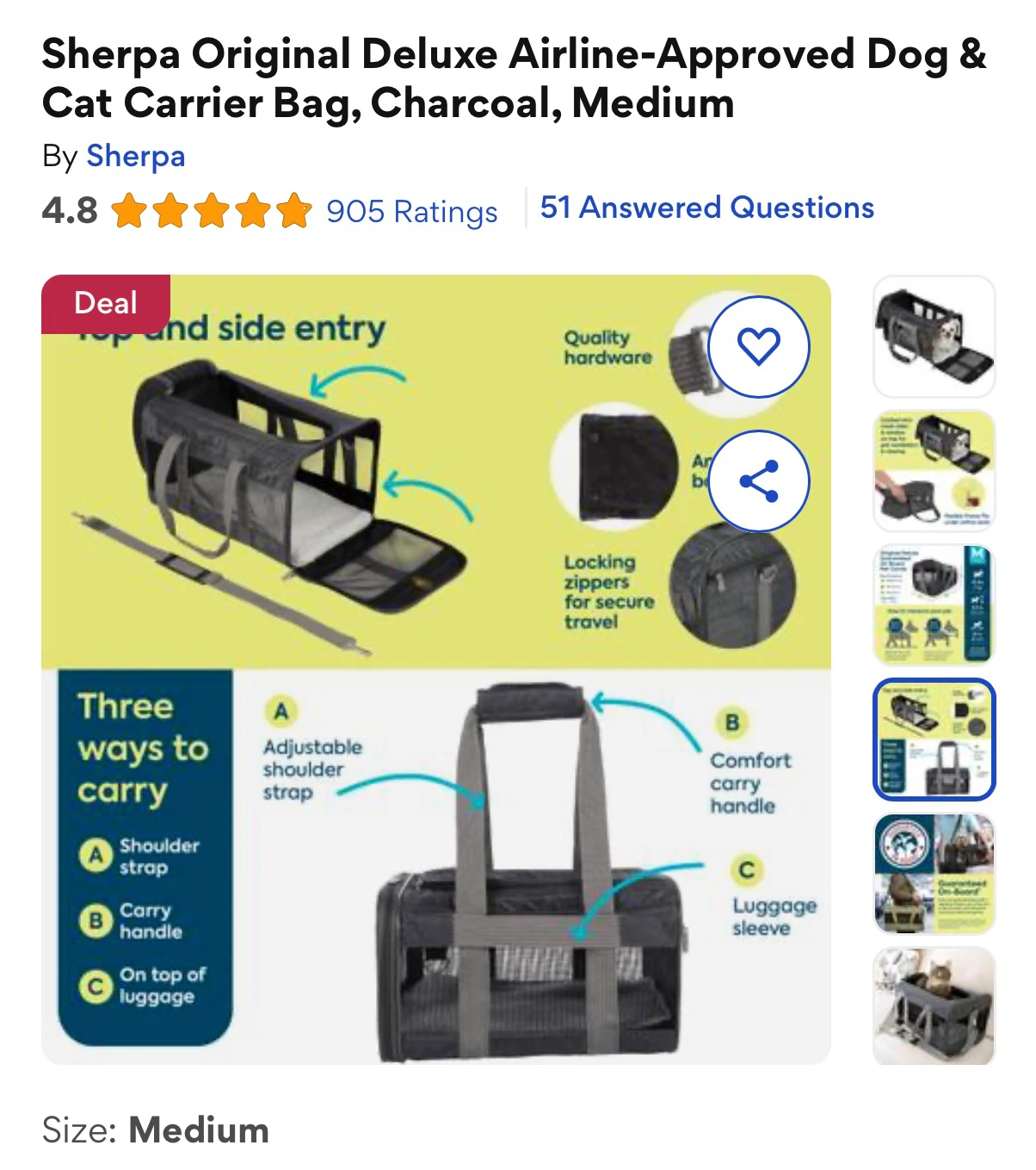 Sherpa Original Deluxe Pet Carrier Bag - Charcoal, Medium - photo 4
