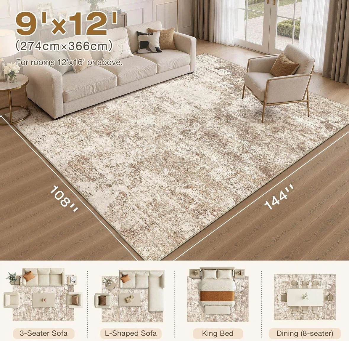 Area Rug 9' x 12' - Machine Washable, Kids & Pet Friendly