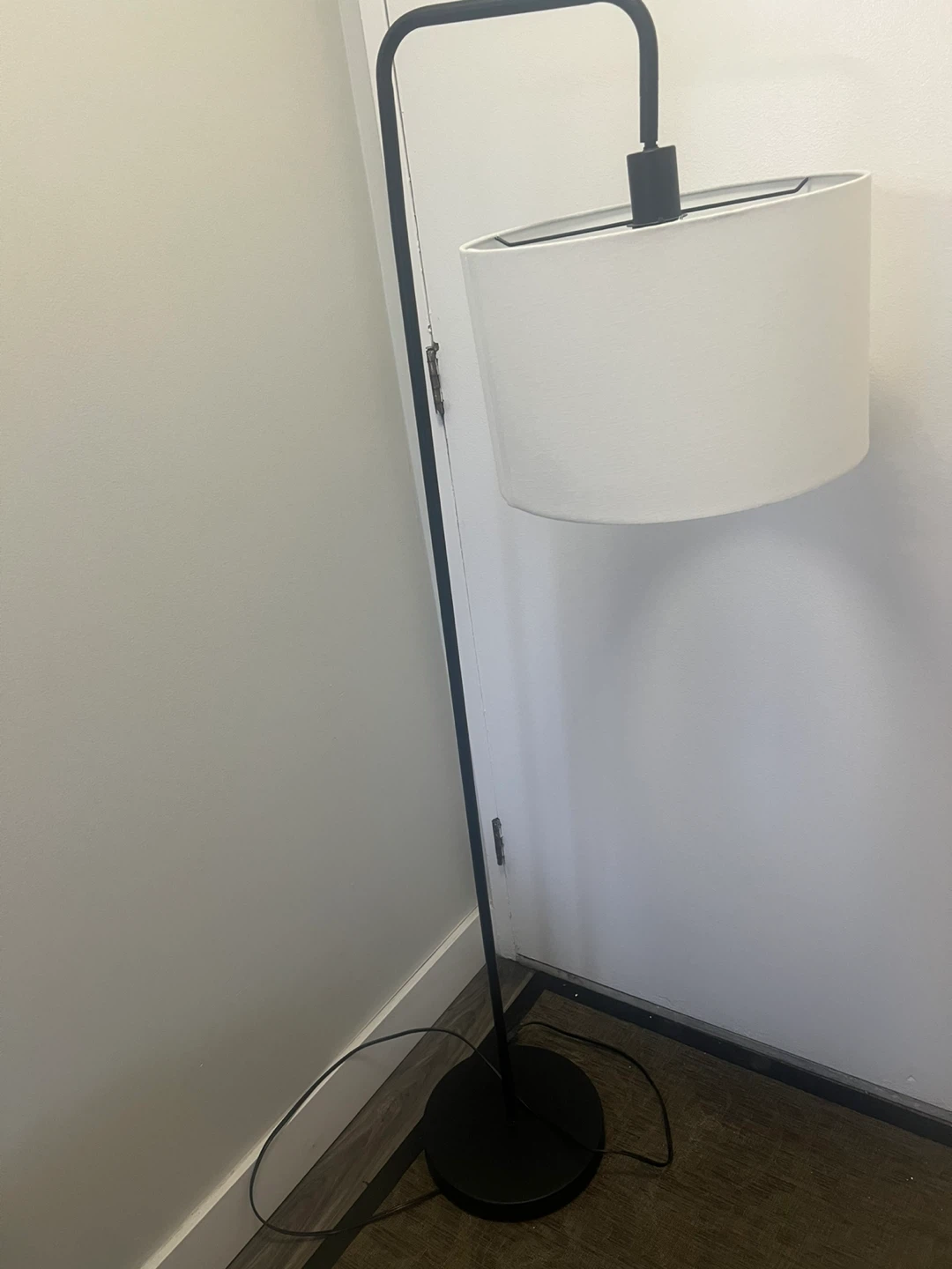 Black Arc Floor Lamp with White Drum Shade