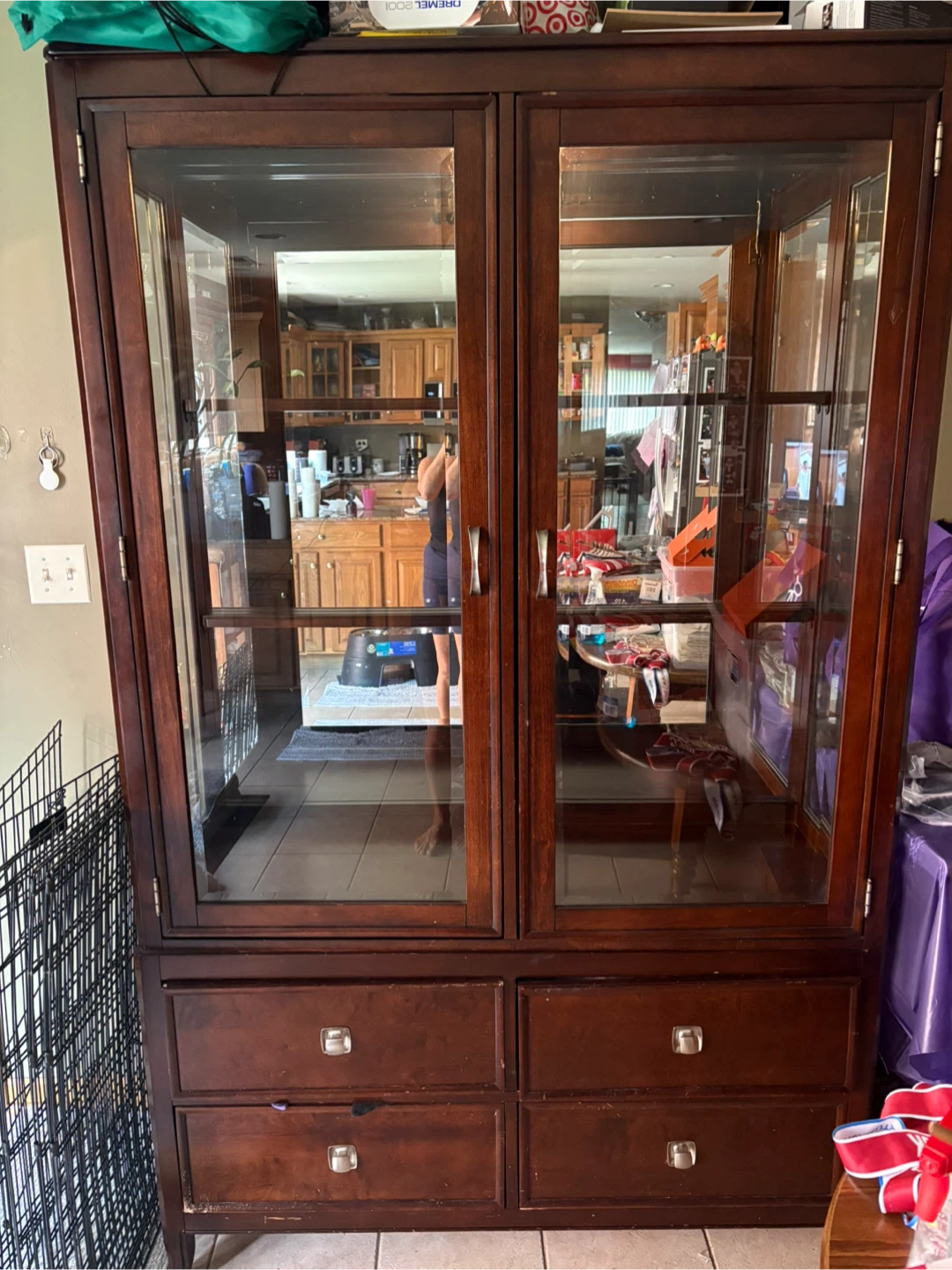 Wooden Display Cabinet with Glass Doors and Drawers