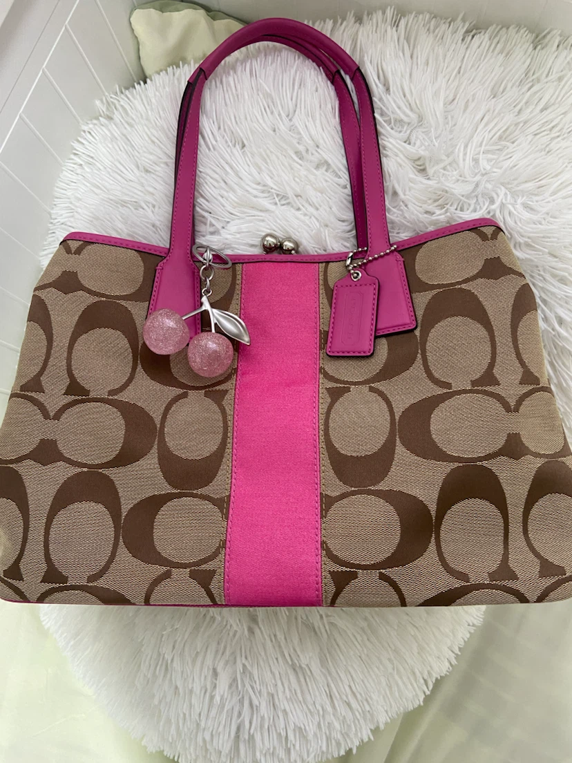 Coach Signature C Monogram Pink Stripe Kisslock Satchel Purse
