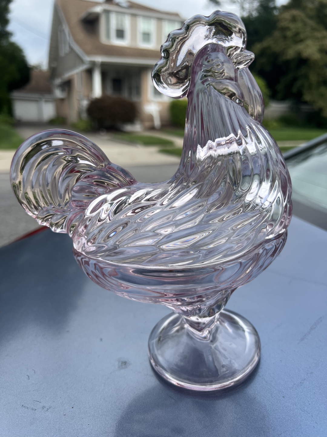 Pink Glass Rooster Candy Dish