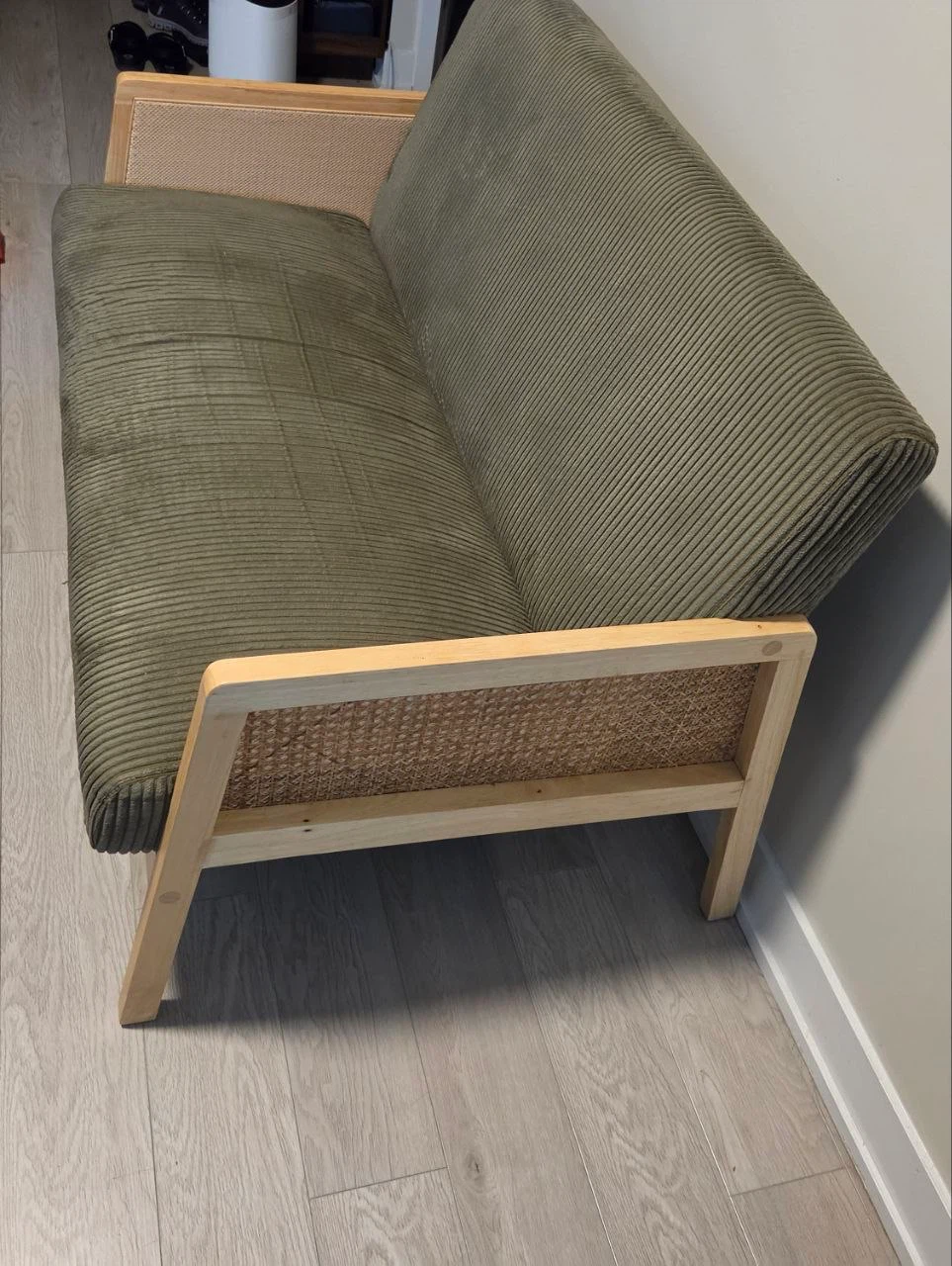 Olive Green Corduroy Loveseat with Cane Accents - photo 2