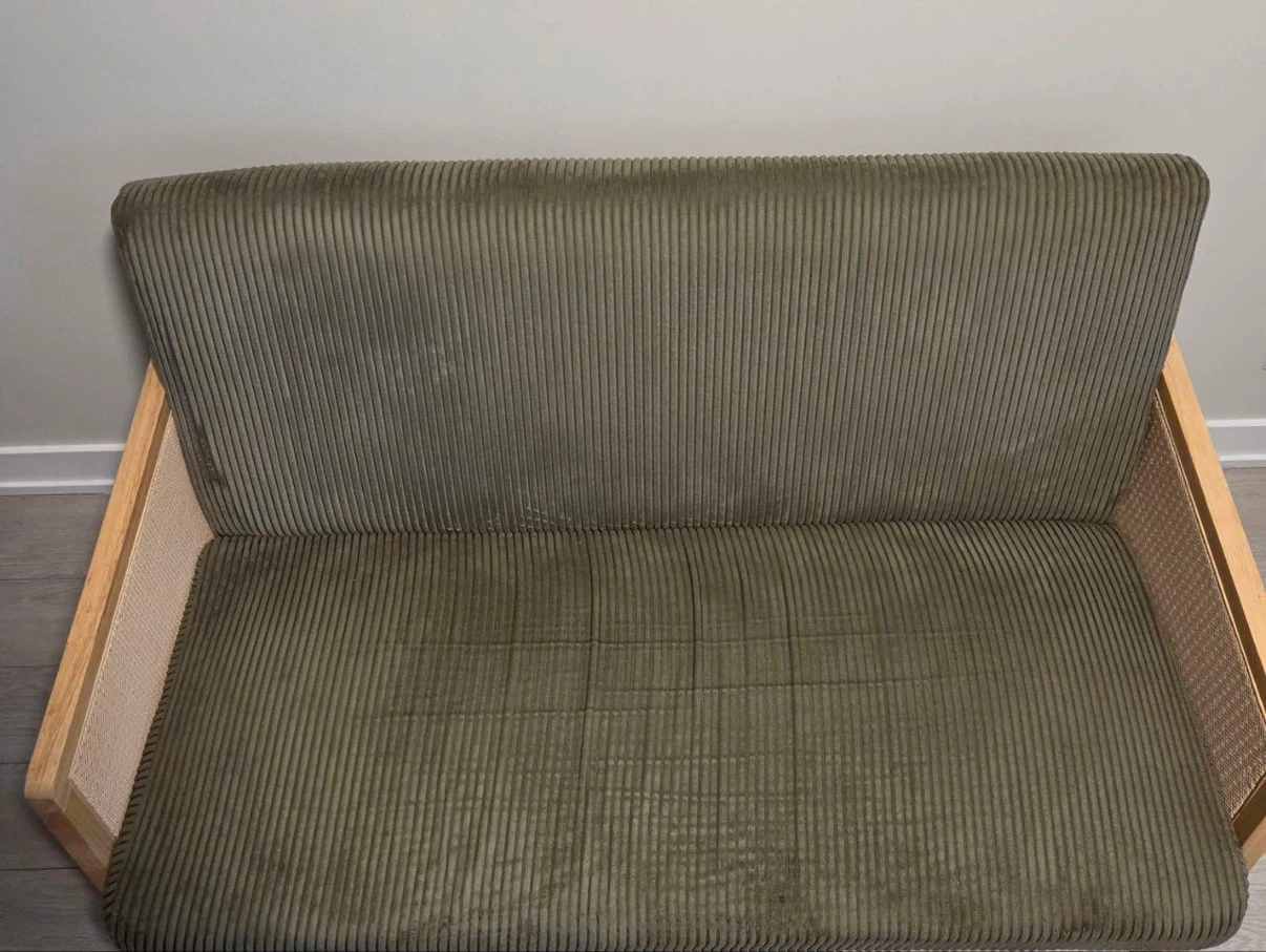 Olive Green Corduroy Loveseat with Cane Accents - photo 3