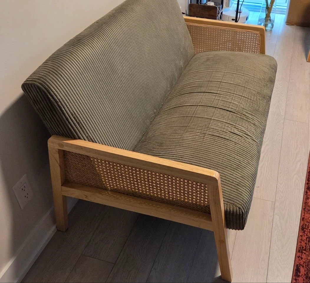 Olive Green Corduroy Loveseat with Cane Accents