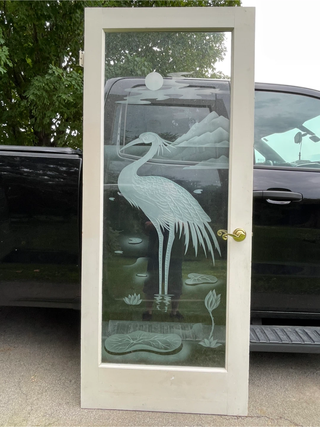 Etched Glass Door with Crane and Lotus Design