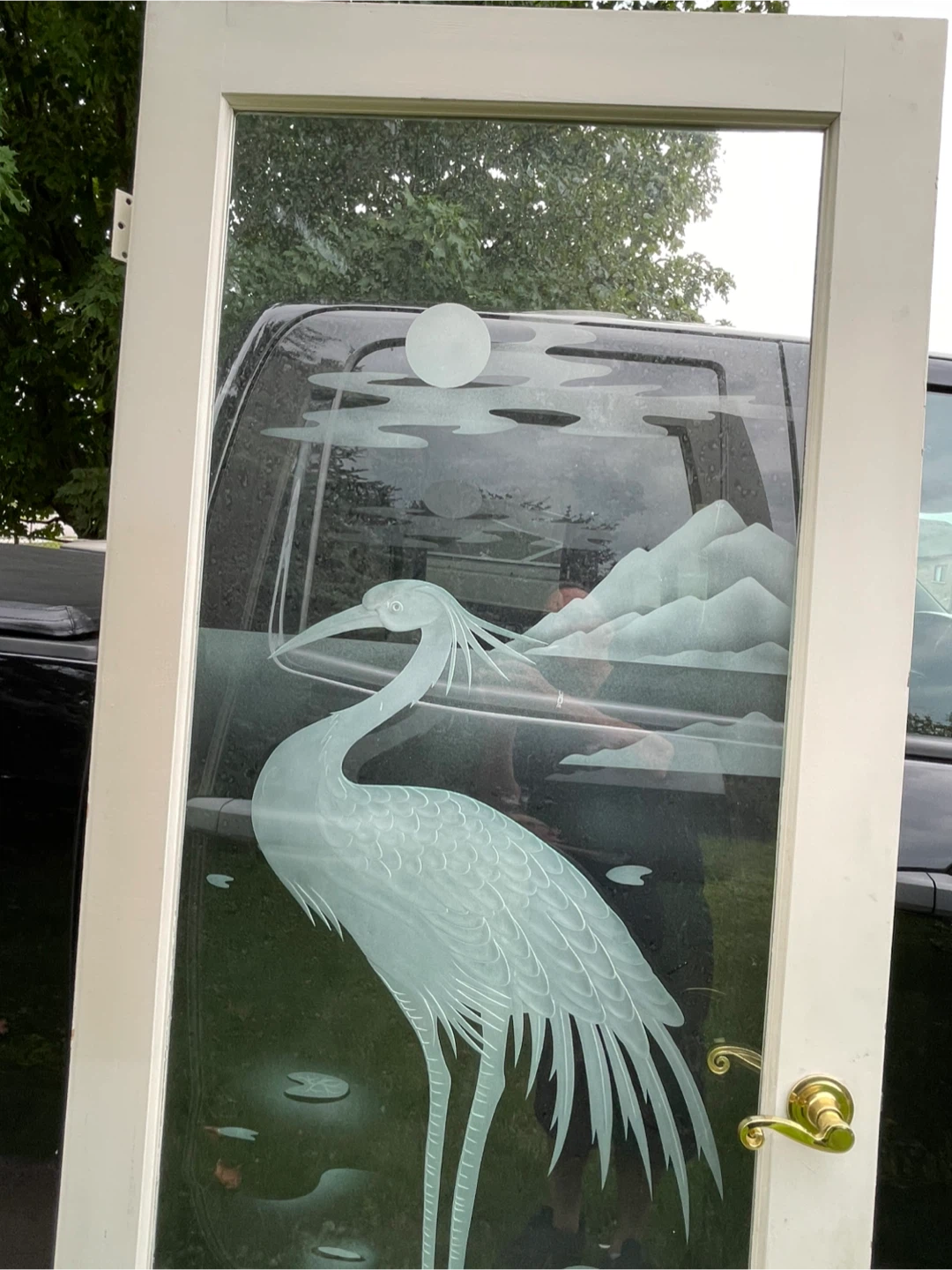 Etched Glass Door with Crane and Lotus Design - photo 2