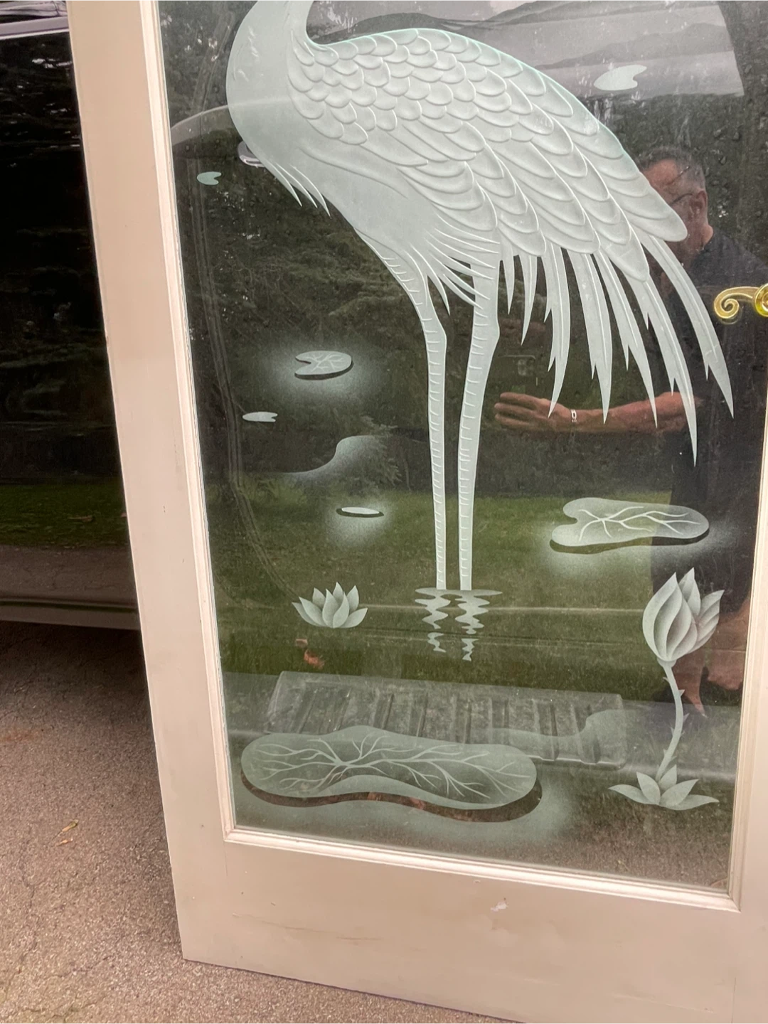 Etched Glass Door with Crane and Lotus Design - photo 3