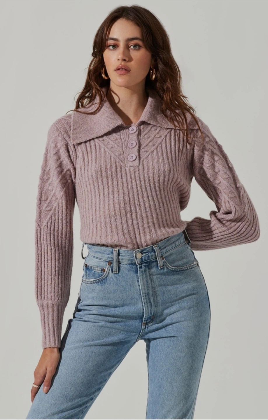 ASTR The Label Button Polo Sweater in Lilac