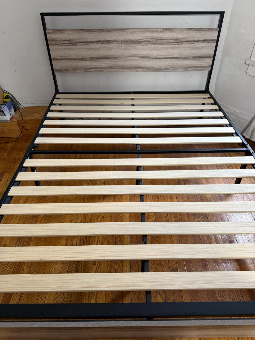 Metal Bed Frame with Wood Headboard