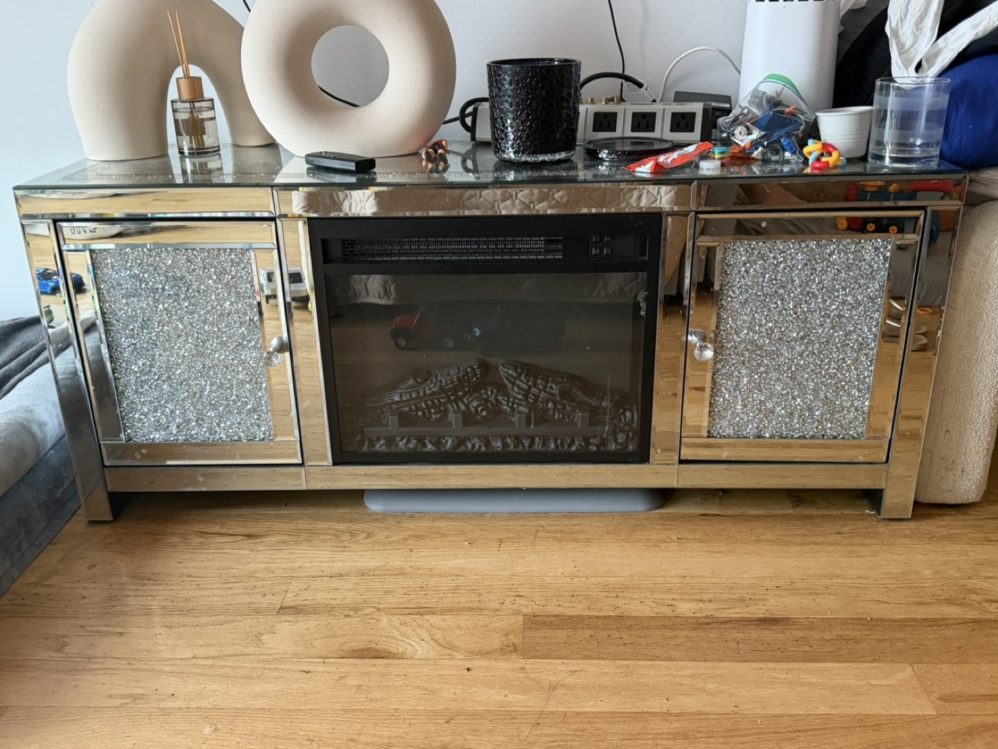 Mirrored TV Stand with Electric Fireplace