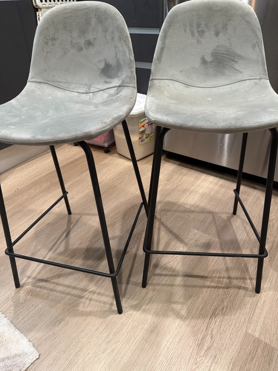2 Gray Bar Stools with Black Metal Legs