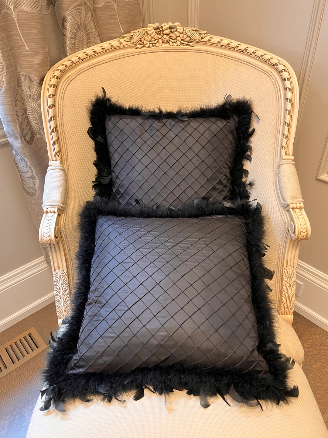 Set of 2 Black Decorative Throw Pillows with Feathers