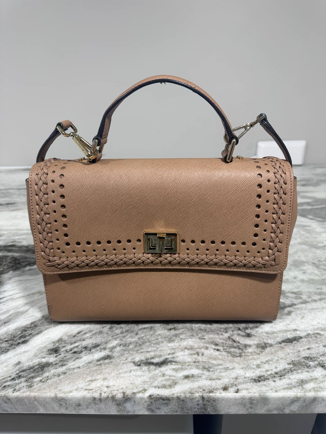 Tan Faux Leather Top Handle Bag