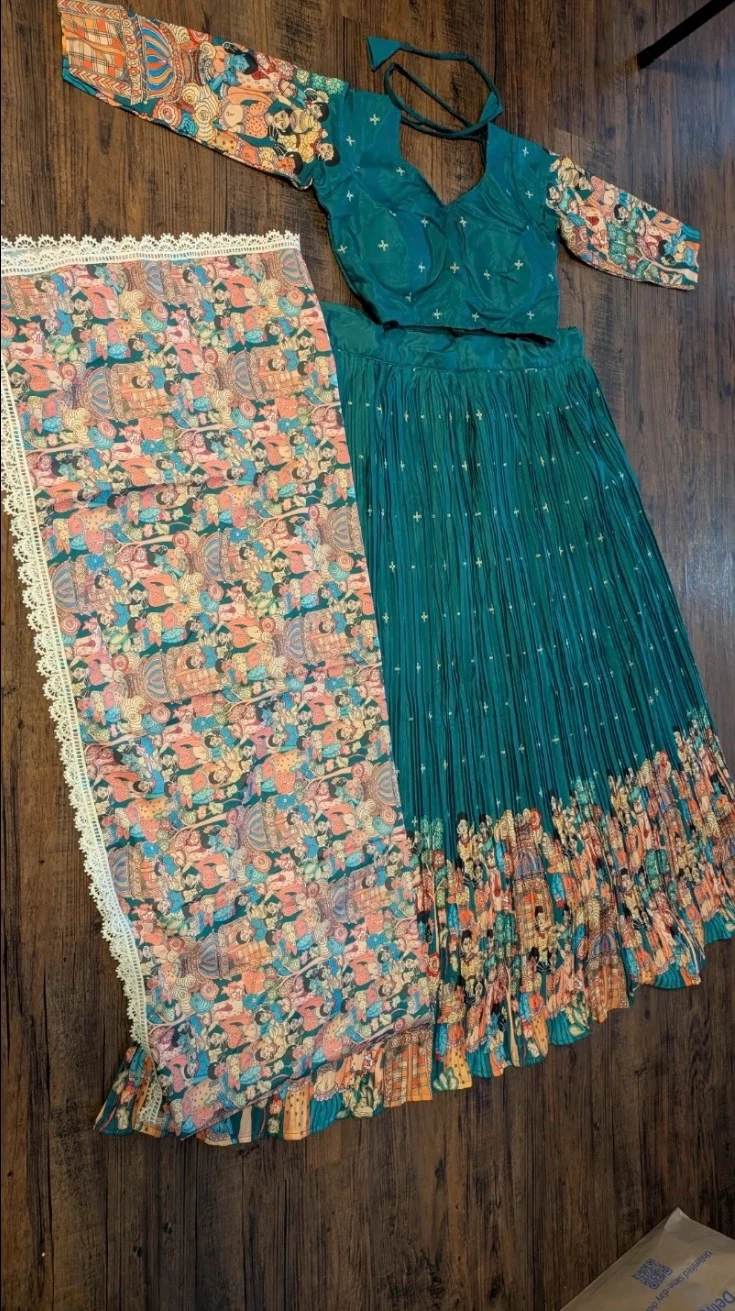 Teal Lehenga Choli with Printed Scarf