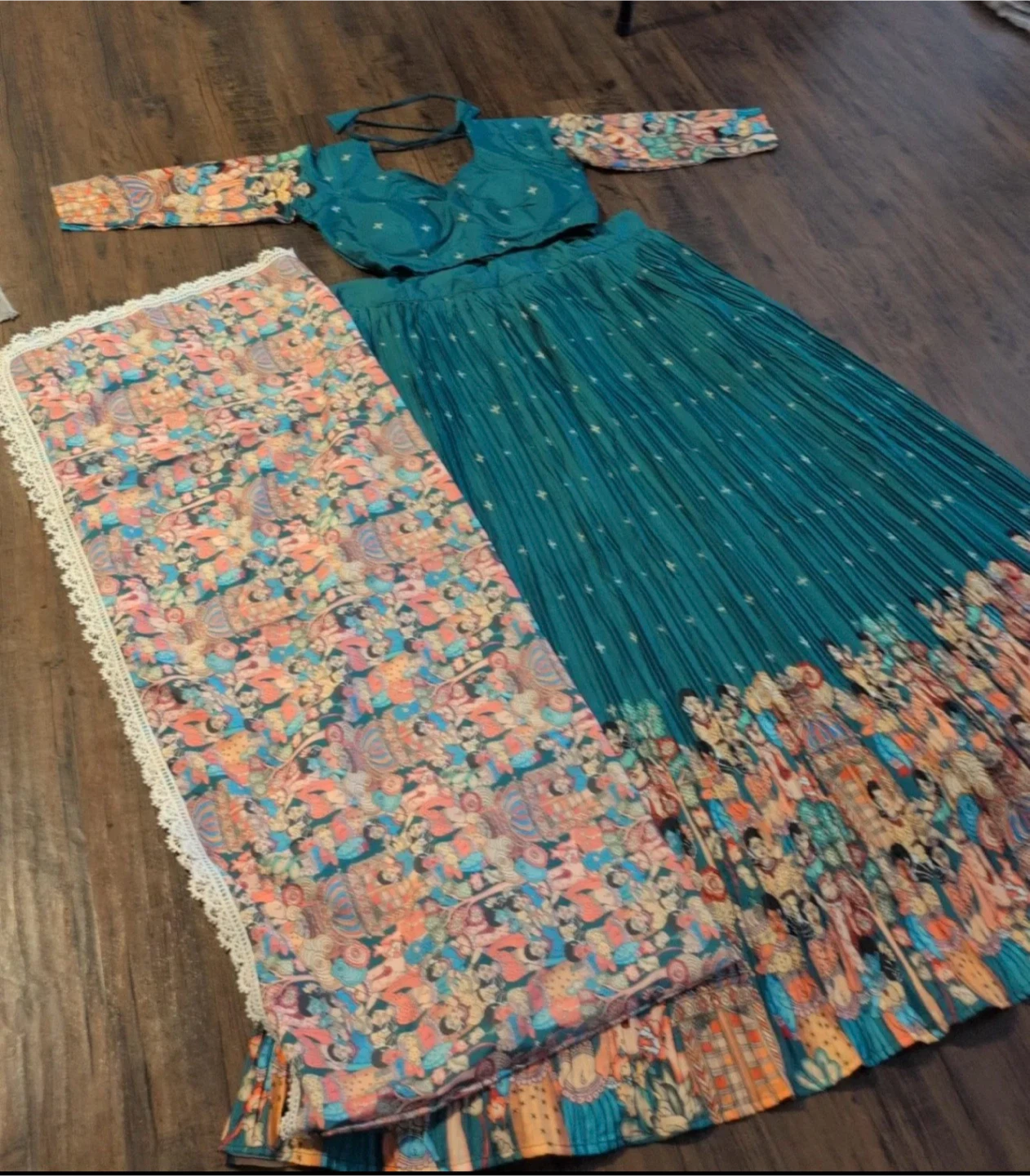 Teal Lehenga Choli with Printed Scarf - photo 2